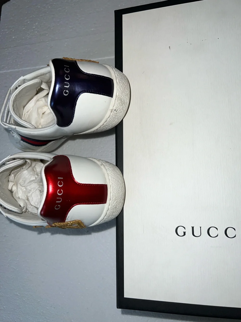 Gucci White Leather 'LOVED' Embroidered Sneakers with Red & Blue Web